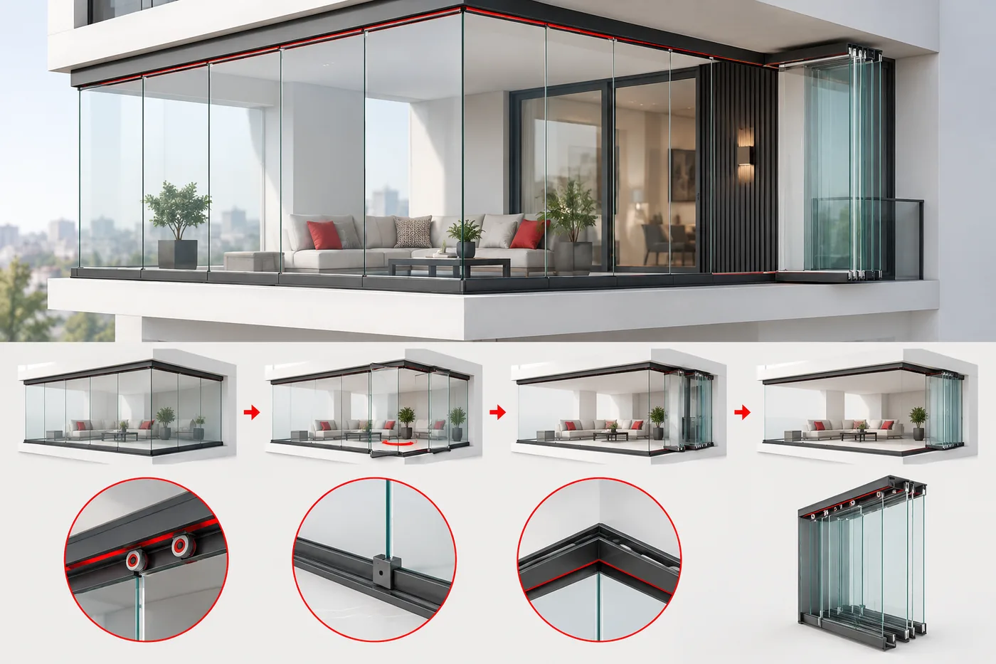 Katlanır cam balkon mekanizmasını gösteren temsili 3D görsel